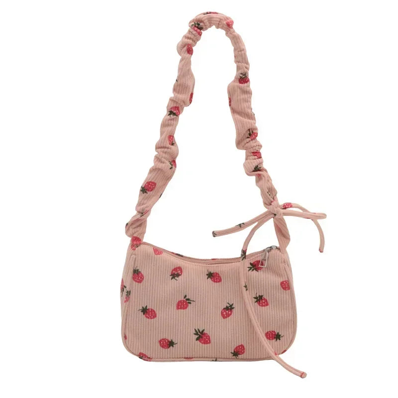 Strawberry Print Corduroy Shoulder Bag – Cute Women's Underarm Tote
