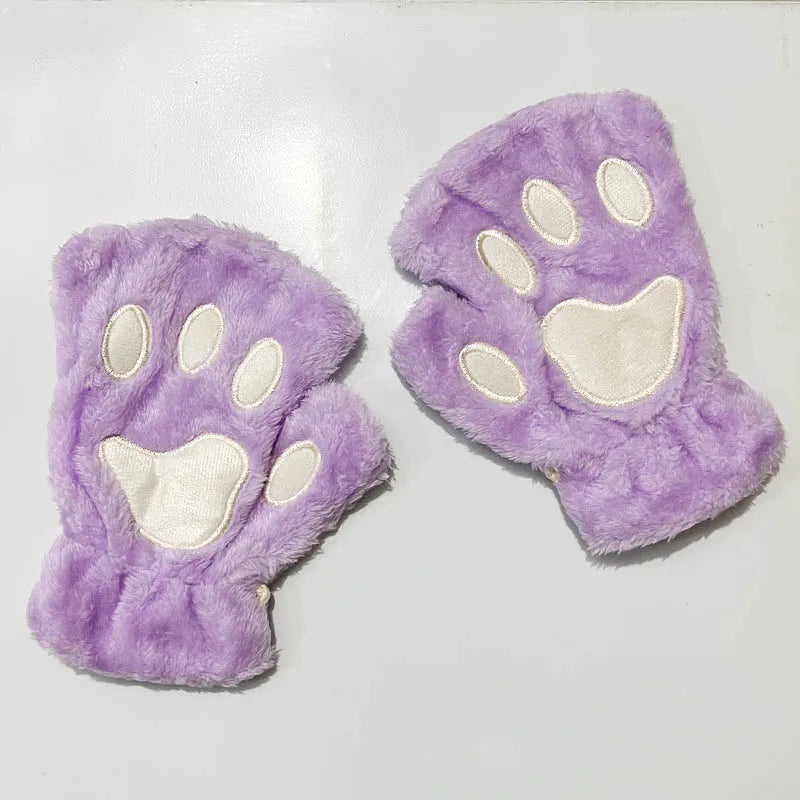Cat Paw Fingerless Gloves – Cute Fluffy Winter Mittens for Women & Girls