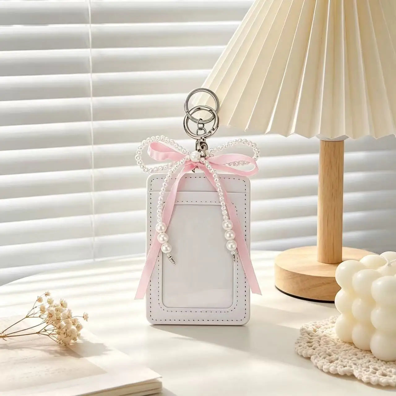 Pearl Bow Photocard Holder with Keychain – Cute ID Card Case