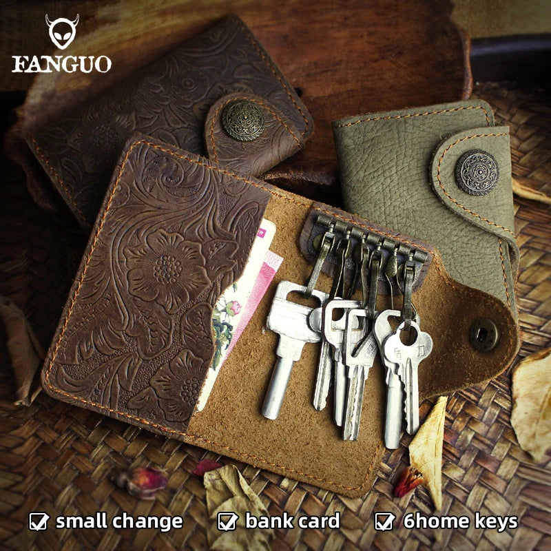 Vintage Leather Key Wallet for Men – Crocodile Pattern with Lion Clasp