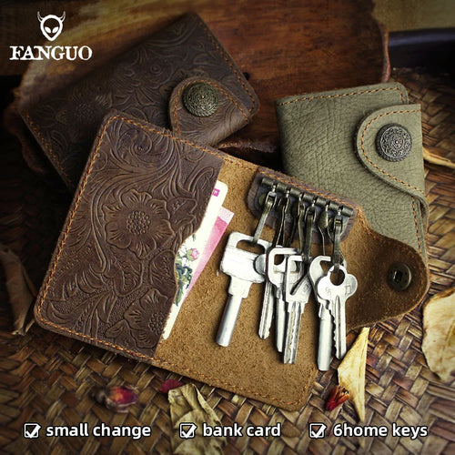 Vintage Leather Key Wallet for Men – Crocodile Pattern with Lion Clasp