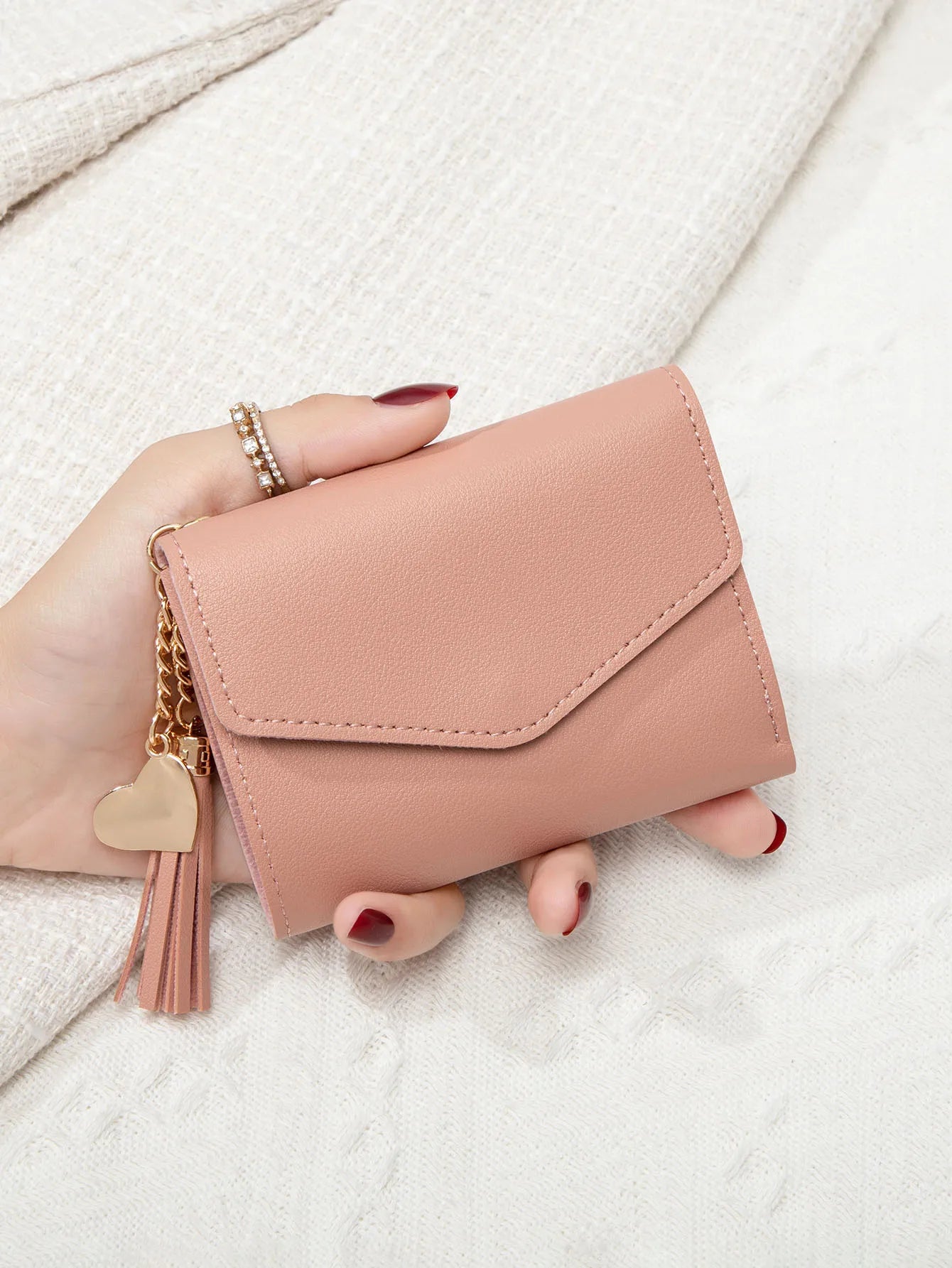 Women's Compact Clutch Wallet with Tassel & Gold Heart Charm