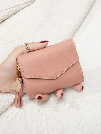 Women's Compact Clutch Wallet with Tassel & Gold Heart Charm