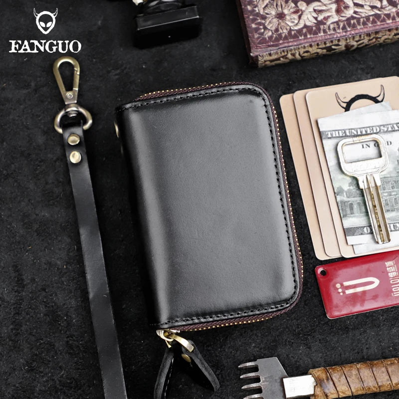 Genuine Leather Key Organizer Wallet – Floral Embossed Zipper Pouch with Wrist Strap
