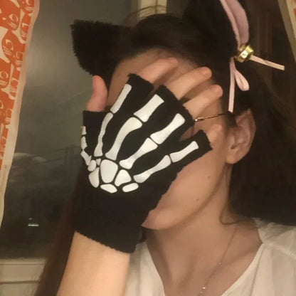 Skeleton Skull Fingerless Gloves – Glow in the Dark Punk Knit