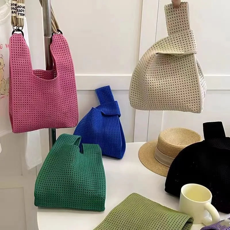 Knit Tote Bag Women – Handmade Mini Wrist Bag Casual Stripe Plaid