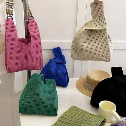 Knit Tote Bag Women – Handmade Mini Wrist Bag Casual Stripe Plaid