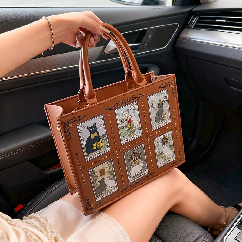Cat Tarot Print Tote Bag for Women – Stylish Top-Handle Handbag