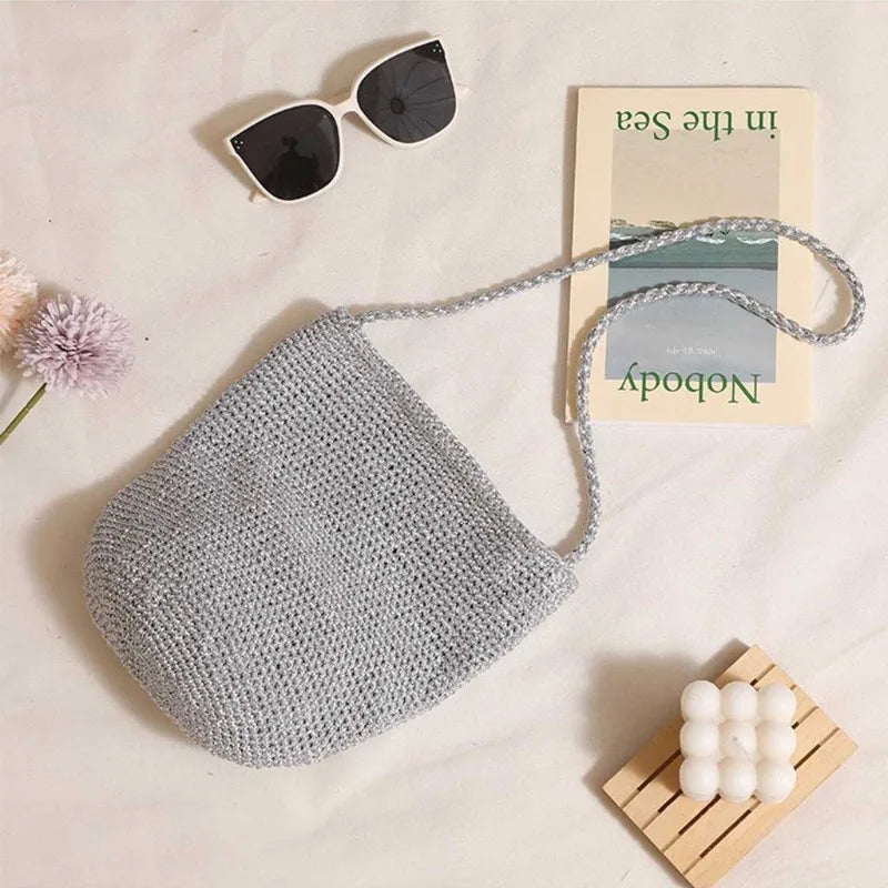 Handwoven Straw Bucket Bag – Boho Crossbody Tote
