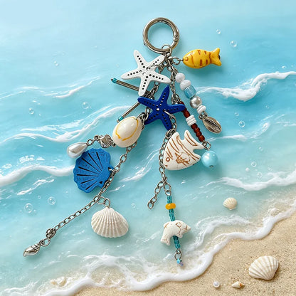 Beach Ocean Keychain Bag Charm with Shell Starfish & Fish Pendants