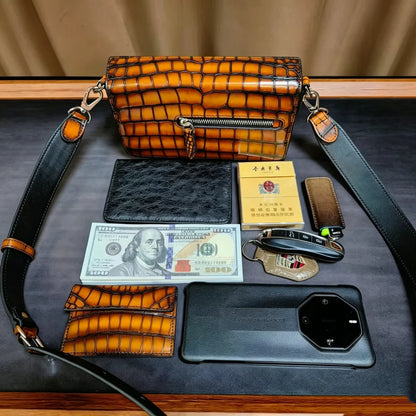 Crocodile Leather Luxury Handbag – Unisex One-Shoulder Flap Bag