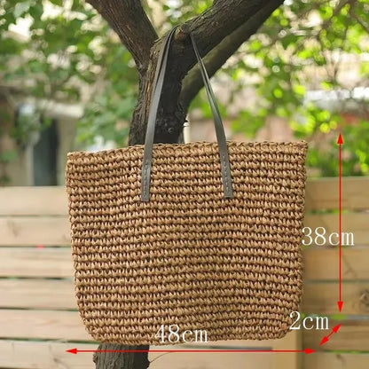 Handmade Straw Woven Round Beach Tote Bag