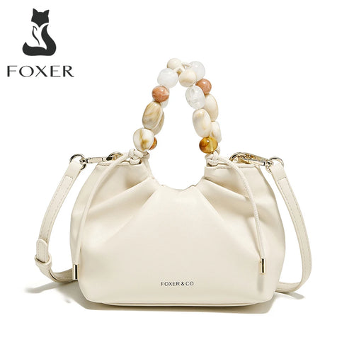 FOXER 2026 Spring Summer New Chic Women's Beaded Handbag Fashion White Signature Crossbody Bag New Cloud Bag with Large Storage