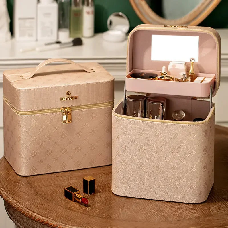 Large Makeup Bag with Mirror – Women's Luxury Cosmetic Organizer Case