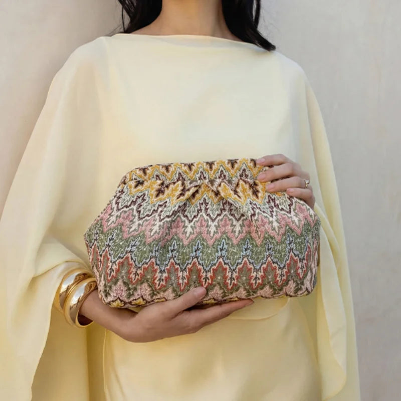 Bohemian Jacquard Clutch Bag – Women's Pleated Cloud Evening Purse