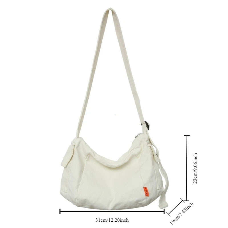 Female Canvas Fabric Hobo Soft Slouchy Shoulder Bag Y2k Student Leisure Medium Size School Book