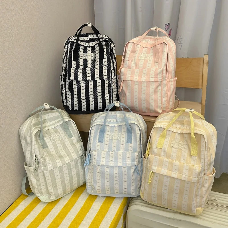 Cute Bow Print Striped Backpack – Lightweight School Bag for Women