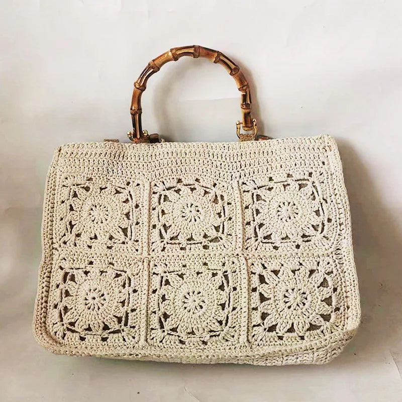 Vintage Bamboon Handle Women Handbags Crochet Large Capacity Tote Bag Handmade Woven Hollow Beach
