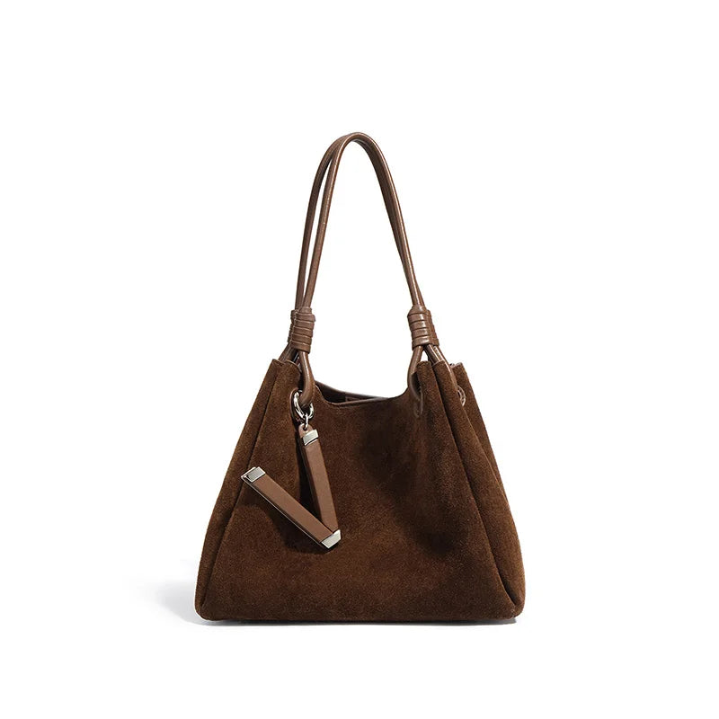 Suede Leather Bucket Bag for Women – Minimalist Handheld Tote