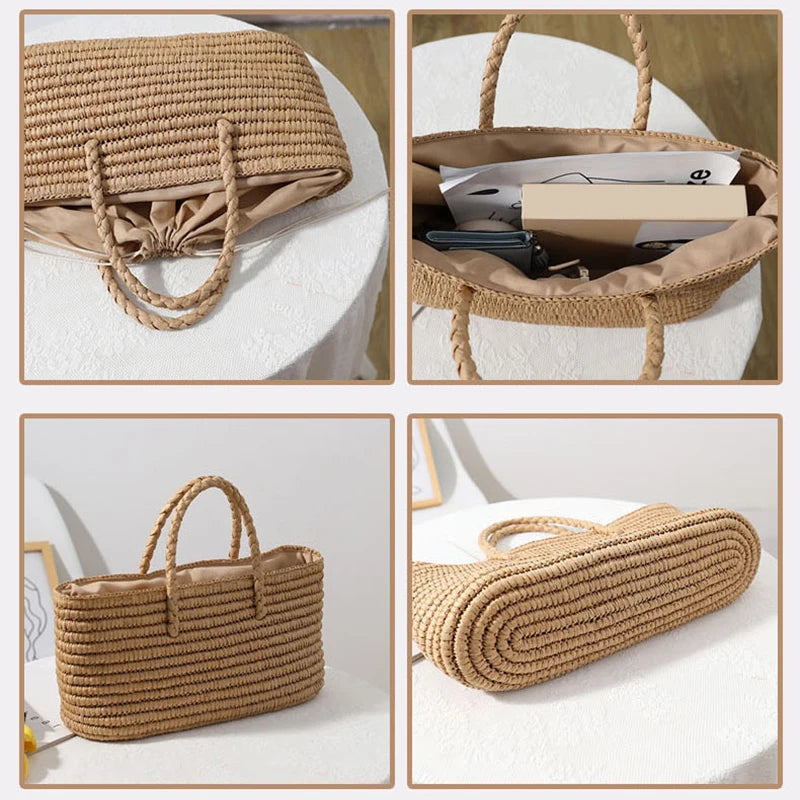 Handmade Straw Beach Tote Bag – Large Capacity Woven Shoulder Bag