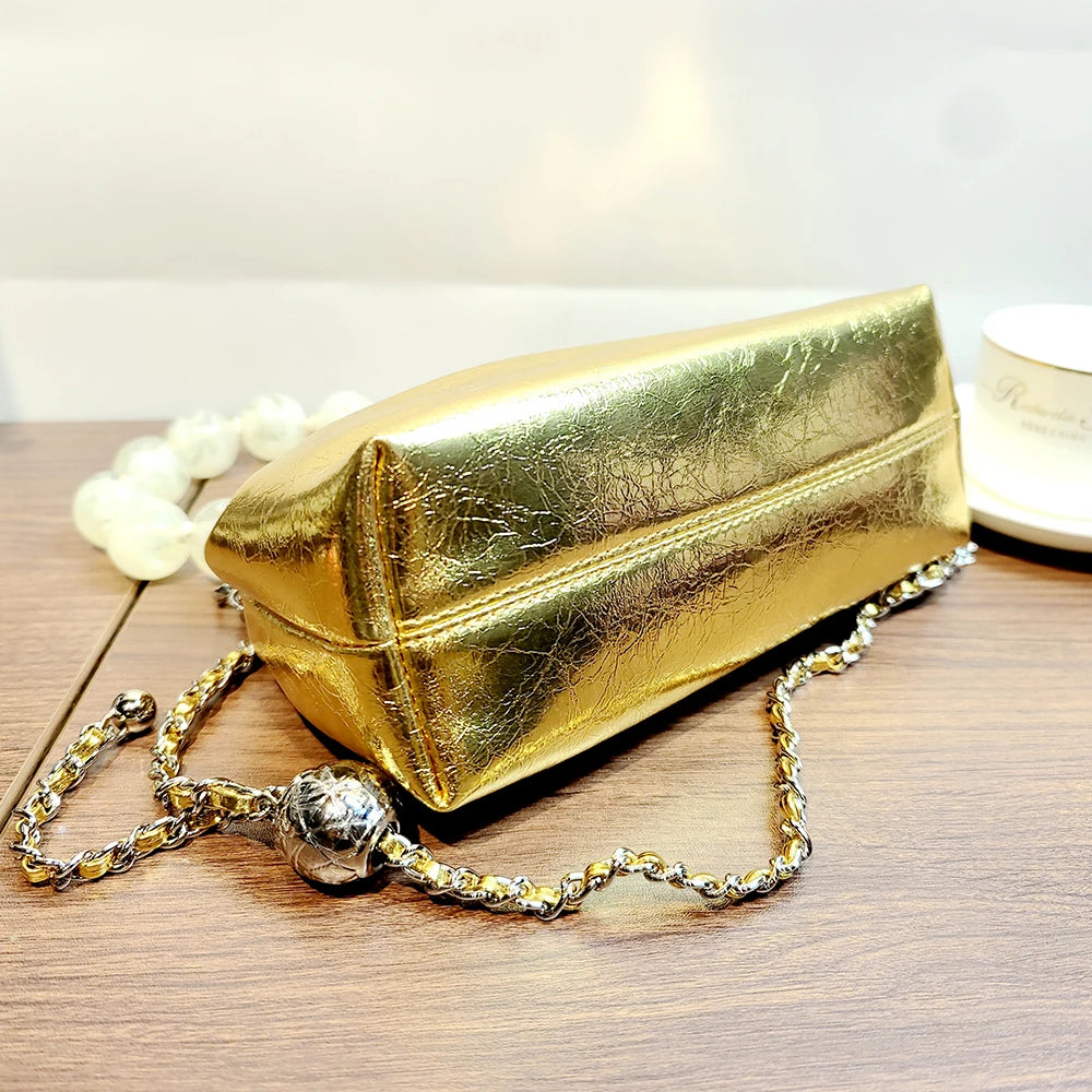 Crossbody Bag Oil Waxed Cowhide Leather with Pearl Handle & Chain Strap