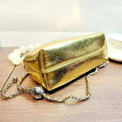 Crossbody Bag Oil Waxed Cowhide Leather with Pearl Handle & Chain Strap