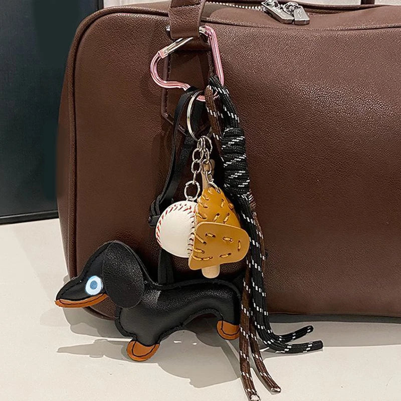 Dachshund Leather Keychain with Baseball Charms & Braided Rope
