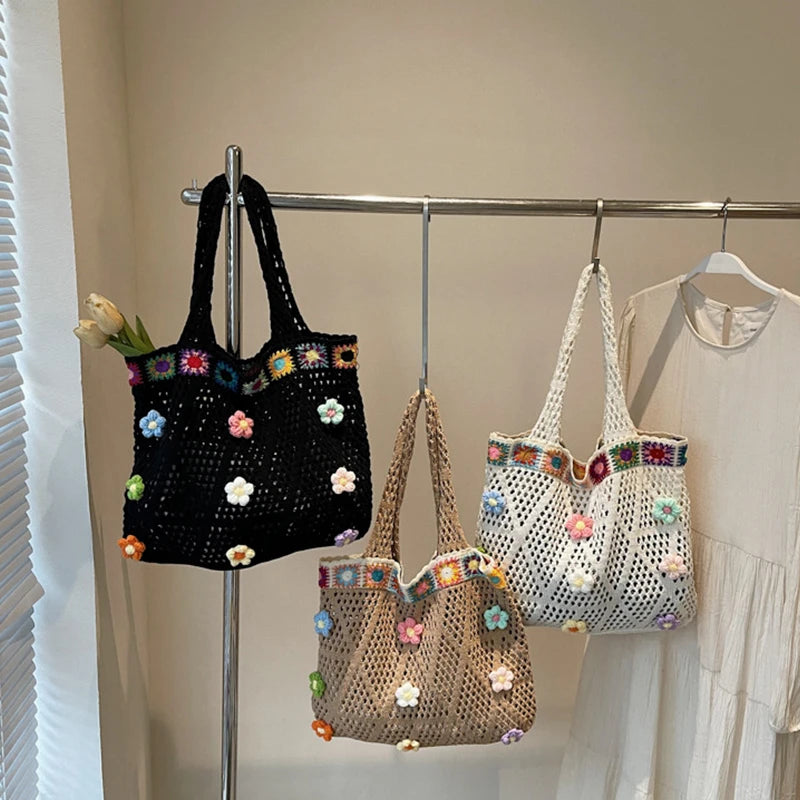 Crochet Flower Beach Tote Bag Women's Boho Shoulder Bag