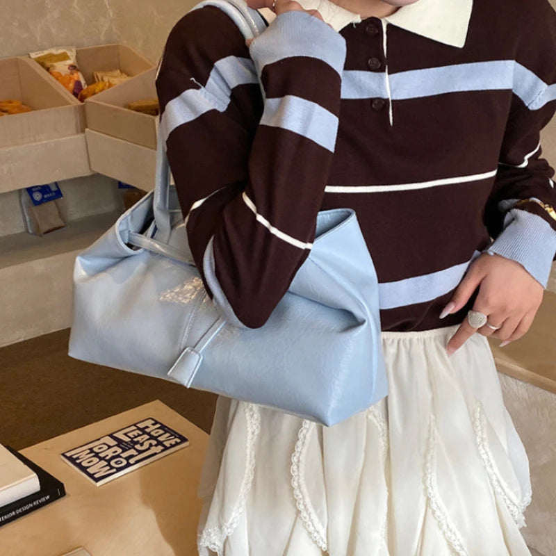 Large Capacity Pleated Leather Tote Bag for Women