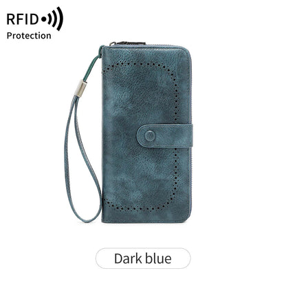 RFID Vintage Long Wallet for Women – Large Capacity Zipper Clutch
