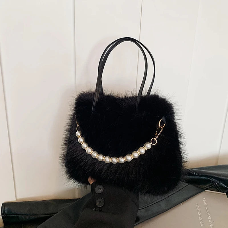 Faux Fur Shoulder Bag with Pearl Chain Handle