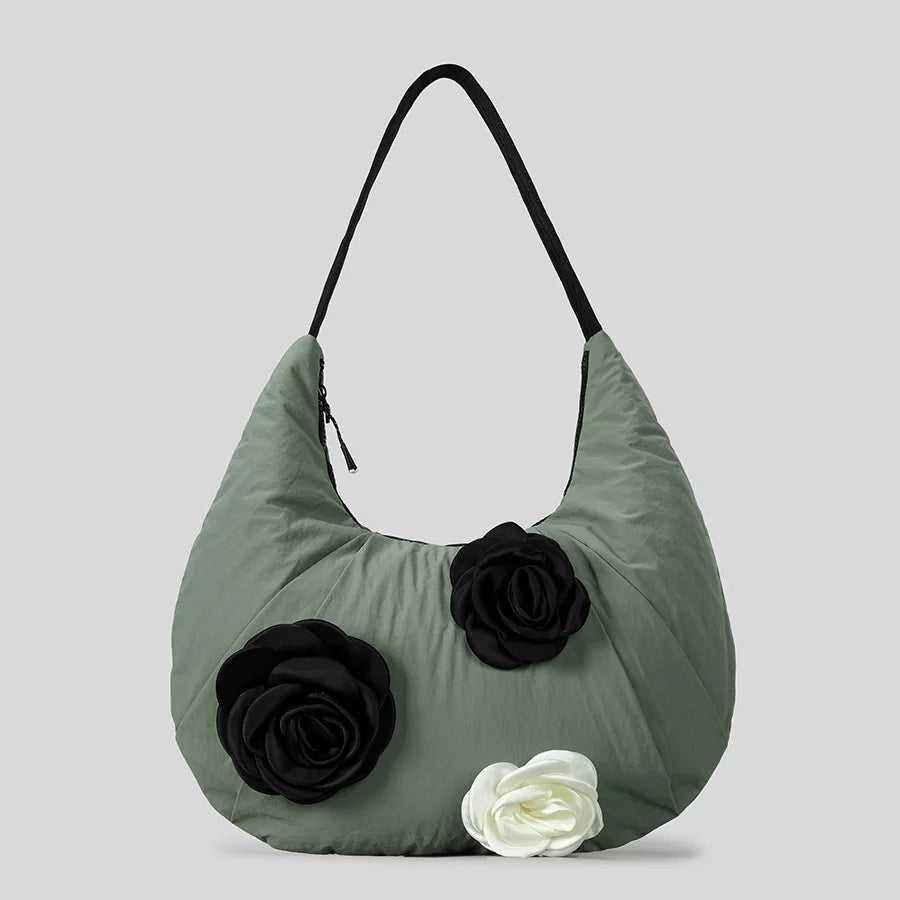 Elegant Camellia Deco Hobos Women Shoulder Bags Casual Nylon Padded Crossbody Large Capacity Puffer