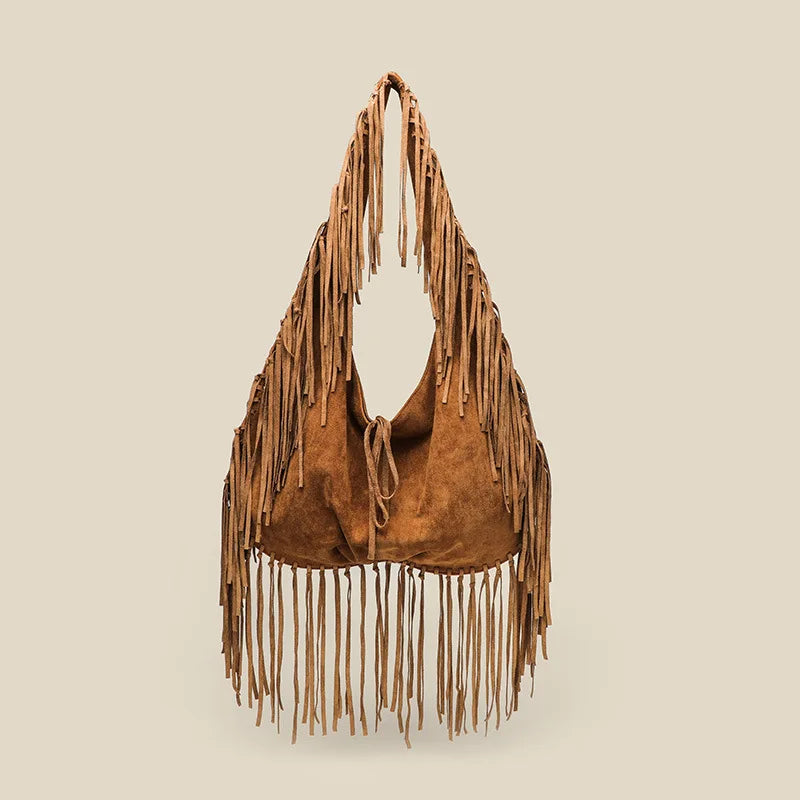 Vintage Suede Hobos Women Shoulder Bags Bohemian Tassel Handbags Large Capacity Tote Bag Autumn