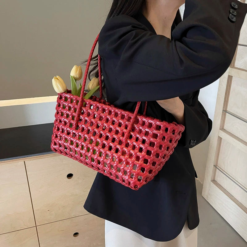 Moods Underarm Basket Shoulder Bags Women Summer Latest Beach Tote Bag Woven Design Plastic