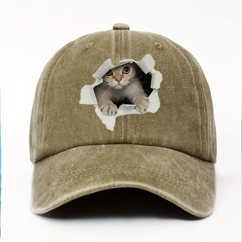 Cat Print Baseball Cap – Retro Washed Unisex Sun Hat