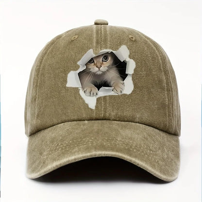 Cat Print Baseball Cap – Retro Washed Unisex Sun Hat
