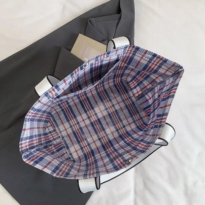 Color Block Plaid Weave Tote Bag Large Capacity Durable Shoulder Multifunctional Woven Mom