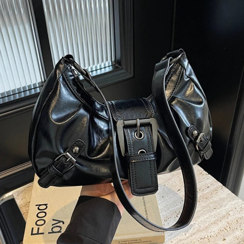 Y2K Pleated Hobo Shoulder Bag – Retro Buckle Underarm Clutch for Women