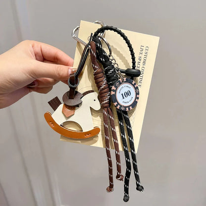 Braided Rope Bag Charm with Leather Rocking Horse Pendant