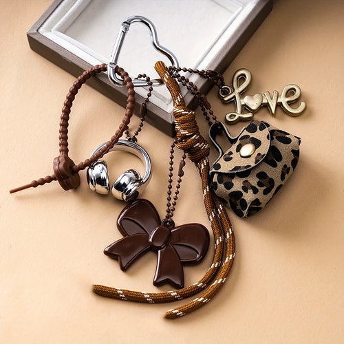 Mini Bow Bag Charm Keychain with Braided Rope & Heart Pendant