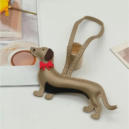 Dachshund Leather Bag Charm with Red Bow Tie – Cute Pet Lover Keychain