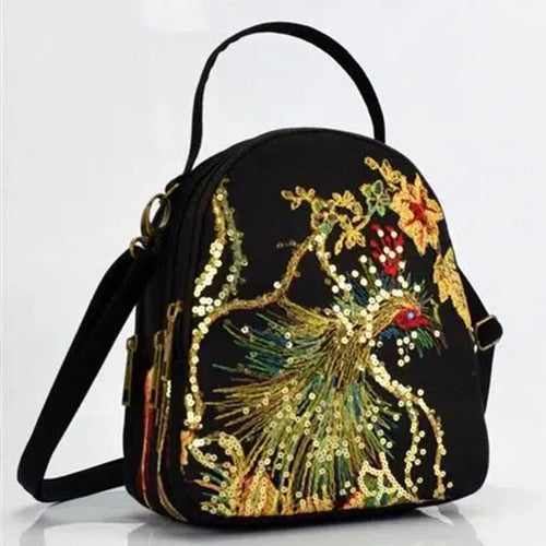 Embroidered Canvas Crossbody Bag – Vintage Peacock Sequin Satchel