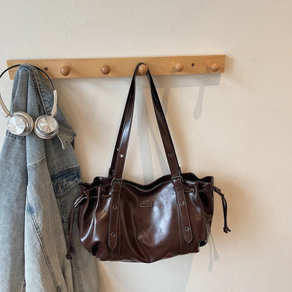 Moods Practical Big Shoulder Hobo Bags Women Soft Vegan Leather Drawstring Large Capacity Shopper