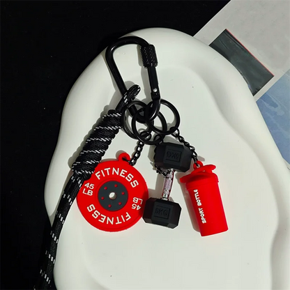 Gym Fitness Keychain Set – Barbell, Dumbbell & Shaker Charms