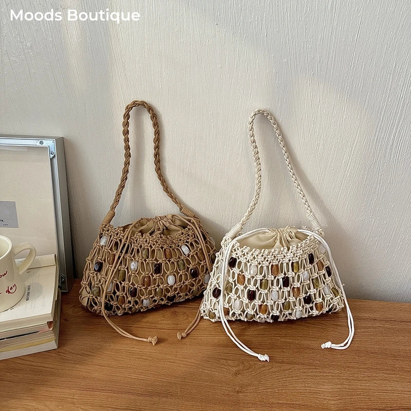 Moods Woven Design Drawstring Shoulder Bucket Bags Women Stone Beads Decor Phone Net Bag Trends