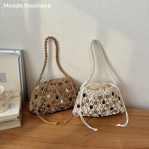 Moods Woven Design Drawstring Shoulder Bucket Bags Women Stone Beads Decor Phone Net Bag Trends