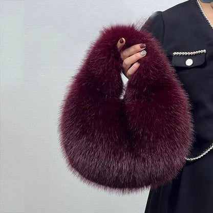 Faux Fur Half Moon Bag for Women – Fluffy Mini Tote Handbag