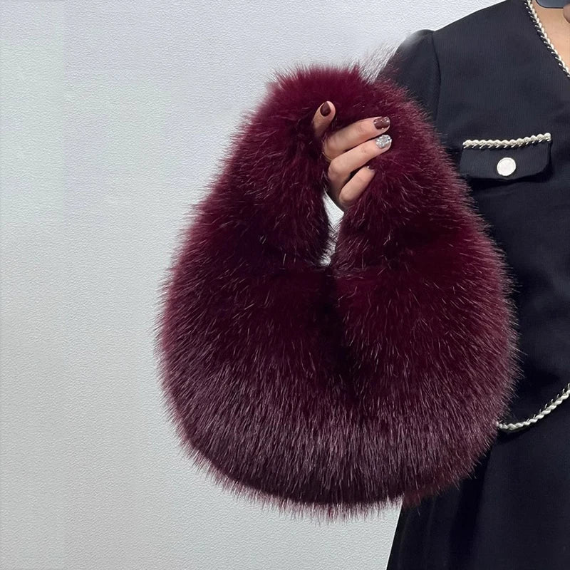 Faux Fur Top Handle Bag for Women – Fluffy Wrist Knot Mini Tote