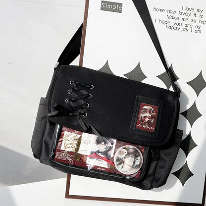 Canvas Crossbody Bag Kawaii Lace-Up Flap Shoulder Bag with Card Display