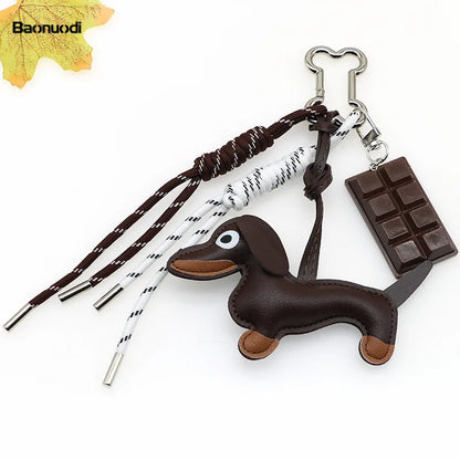 Dachshund Leather Bag Charm Keychain with Braided Rope & Chocolate Pendant
